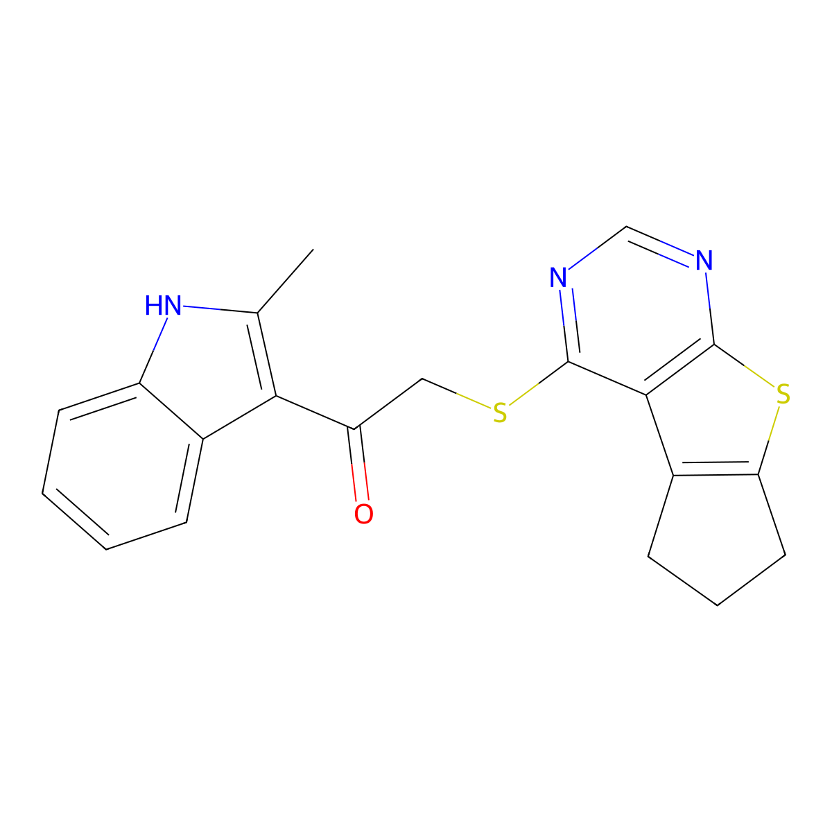1-(2-methyl-1H-indol-3-yl)-2-{7-thia-9,11-diazatricyclo[6.4.0.0^{2,6}]dodeca-1(8),2(6),9,11-tetraen-12-ylsulfanyl}ethan-1-one molecular structure, CAS 500113-63-3