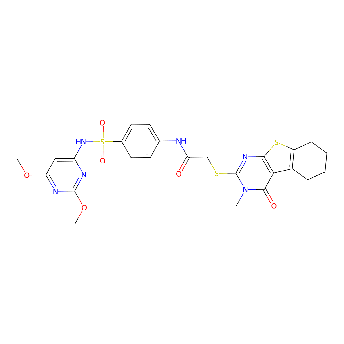 N-[4-[(2,6-dimethoxypyrimidin-4-yl)sulfamoyl]phenyl]-2-[(3-methyl-4-oxo-5,6,7,8-tetrahydro-[1]benzothiolo[2,3-d]pyrimidin-2-yl)sulfanyl]acetamide molecular structure, CAS 500113-85-9