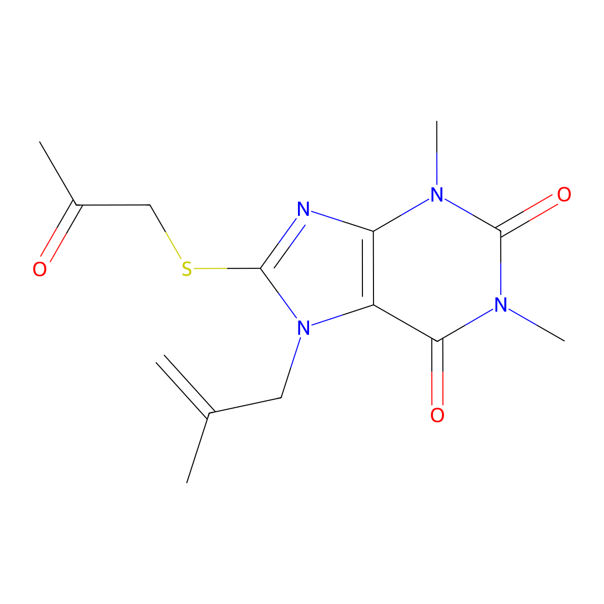 1,3-Dimethyl-7-(2-methylprop-2-enyl)-8-(2-oxopropylsulfanyl)purine-2,6-dione molecular structure, CAS 500118-27-4