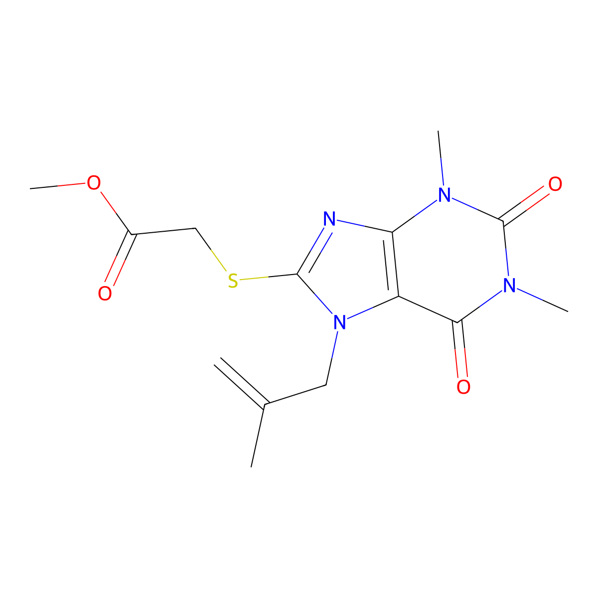 Methyl 2-[1,3-dimethyl-7-(2-methylprop-2-enyl)-2,6-dioxopurin-8-yl]sulfanylacetate molecular structure, CAS 500118-28-5