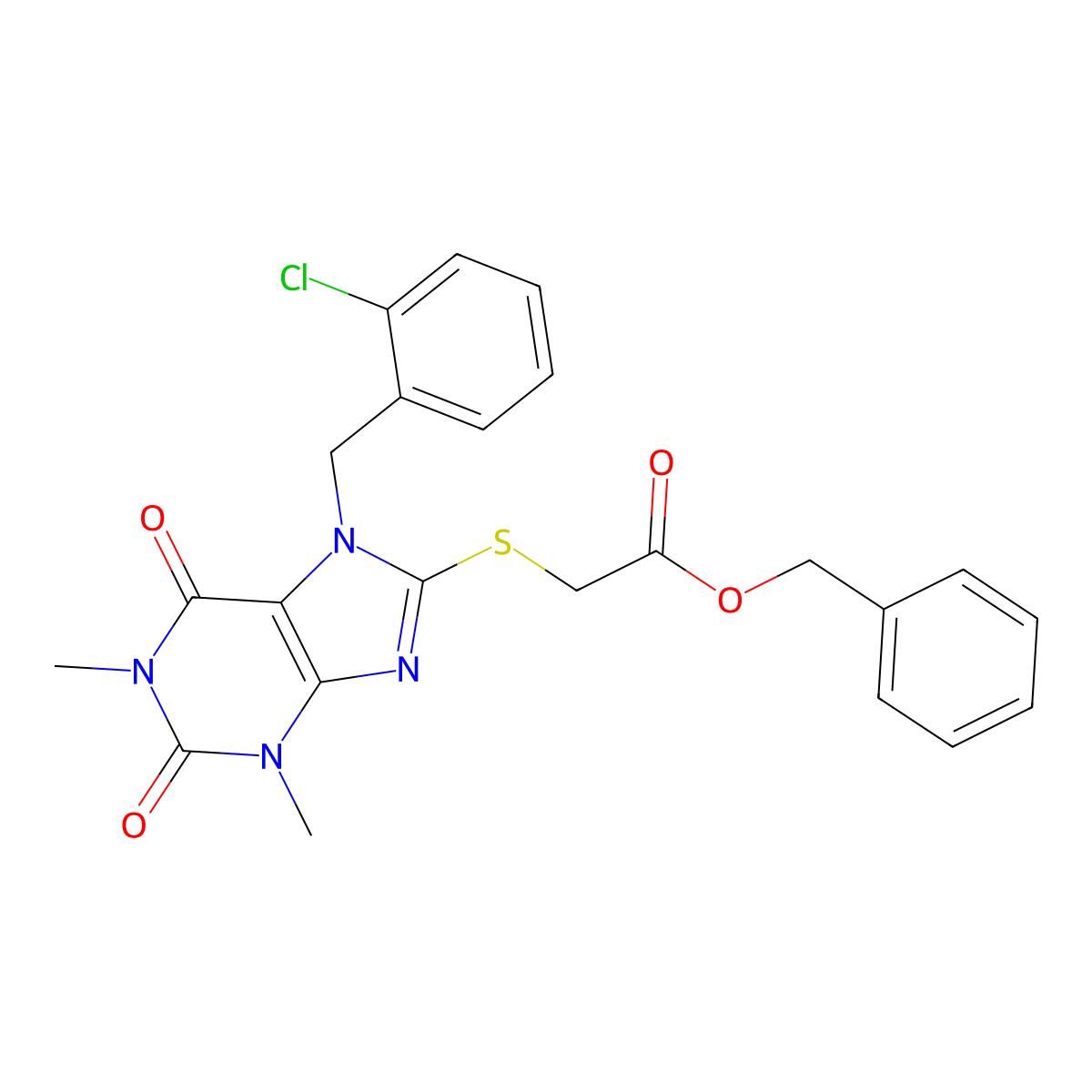benzyl 2-({7-[(2-chlorophenyl)methyl]-1,3-dimethyl-2,6-dioxo-2,3,6,7-tetrahydro-1H-purin-8-yl}sulfanyl)acetate molecular structure, CAS 500118-30-9