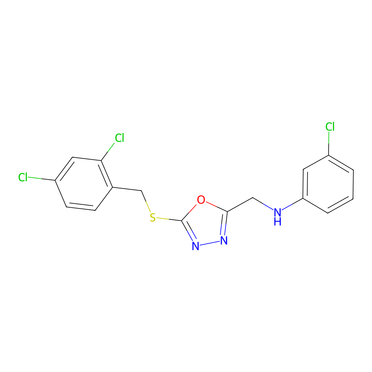 3-Chloro-N-((5-((2,4-dichlorobenzyl)thio)-1,3,4-oxadiazol-2-yl)methyl)aniline molecular structure, CAS 500119-38-0