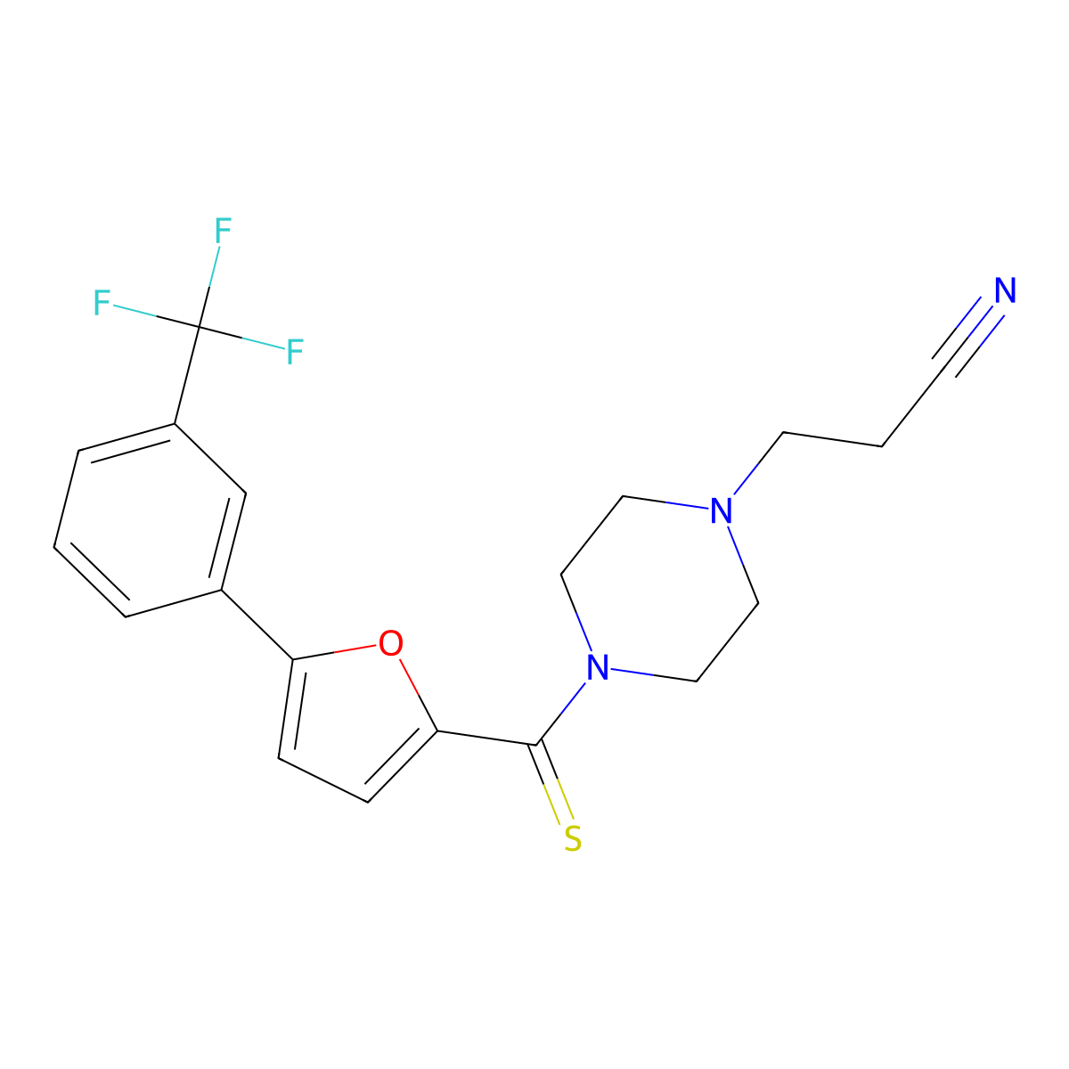3-(4-(5-(3-(Trifluoromethyl)phenyl)furan-2-carbonothioyl)piperazin-1-yl)propanenitrile molecular structure, CAS 500119-70-0