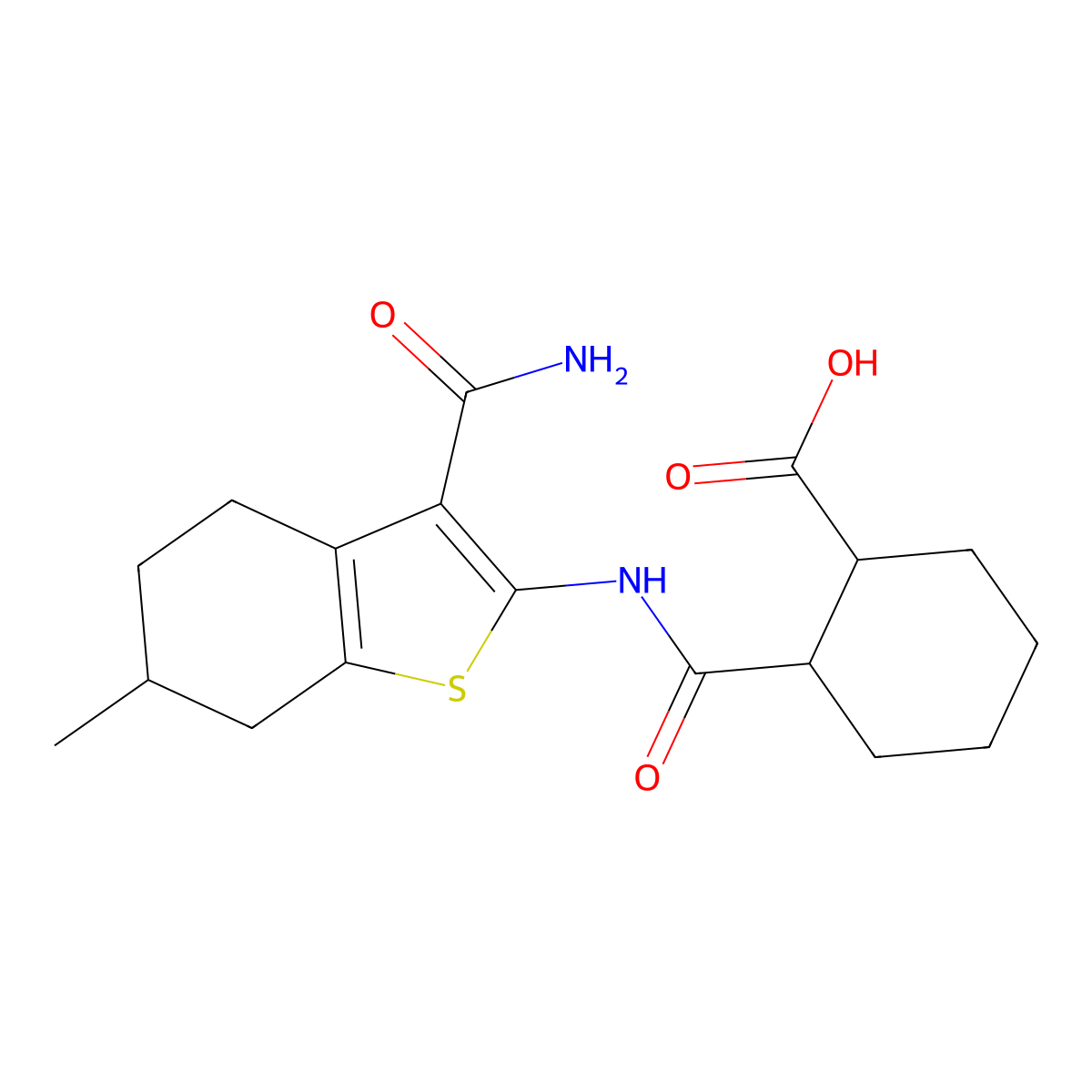 2-[(3-Carbamoyl-6-methyl-4,5,6,7-tetrahydro-1-benzothiophen-2-yl)carbamoyl]cyclohexanecarboxylic acid molecular structure, CAS 500128-92-7