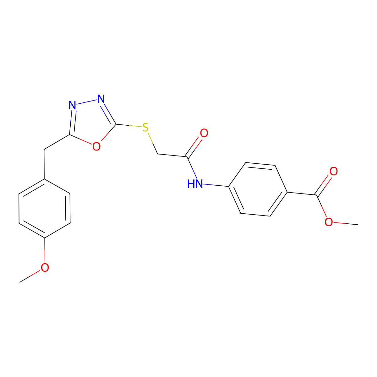 Methyl 4-[({[5-(4-methoxybenzyl)-1,3,4-oxadiazol-2-yl]sulfanyl}acetyl)amino]benzoate molecular structure, CAS 500133-36-8