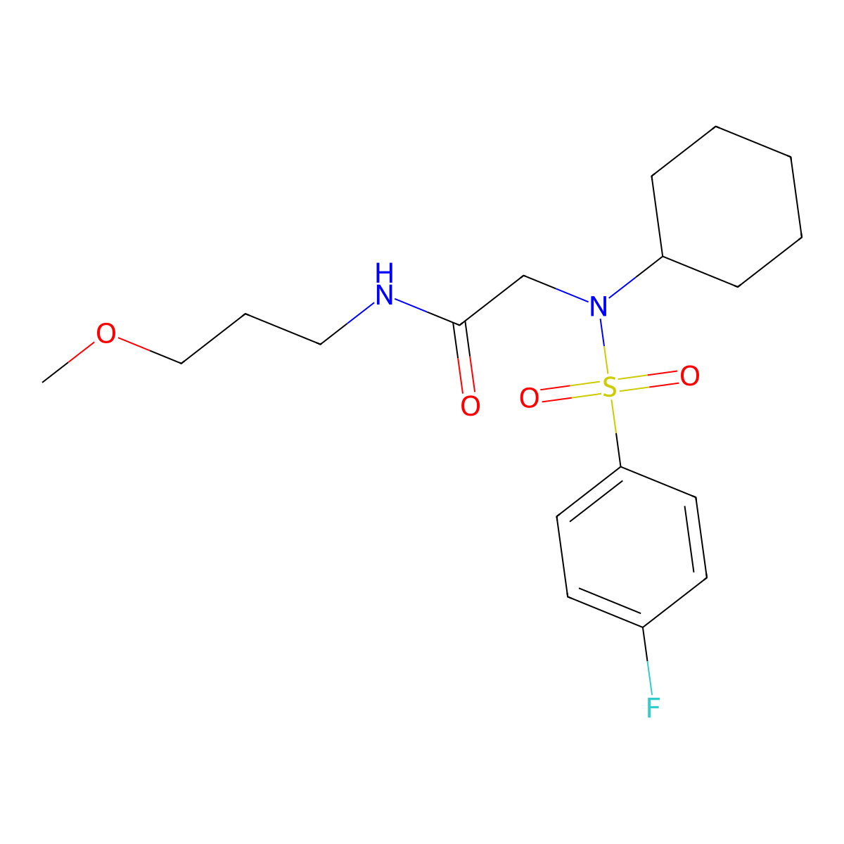 2-[cyclohexyl-(4-fluorophenyl)sulfonylamino]-N-(3-methoxypropyl)acetamide molecular structure, CAS 500134-28-1