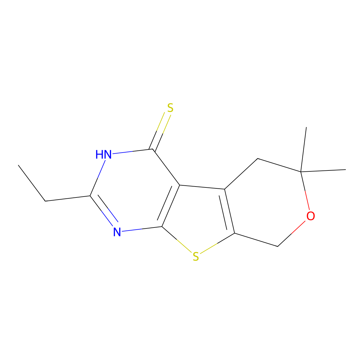 2-ethyl-6,6-dimethyl-3,5,6,8-tetrahydro-4H-pyrano[4',3':4,5]thieno[2,3-d]pyrimidine-4-thione molecular structure, CAS 500144-25-2