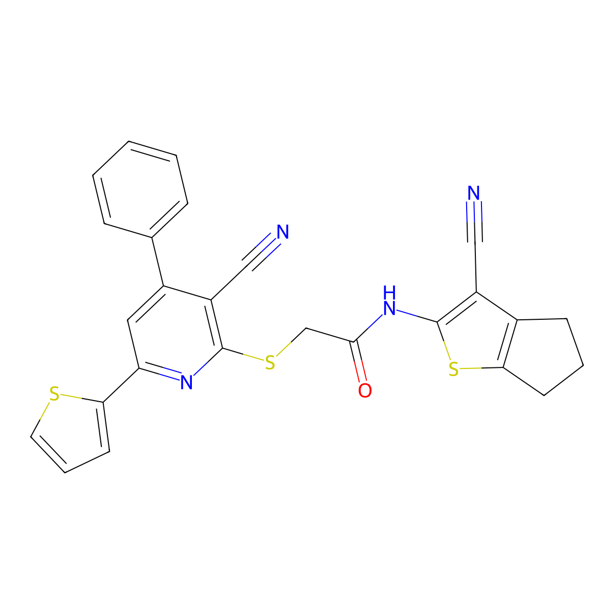 N-(3-cyano-5,6-dihydro-4H-cyclopenta[b]thiophen-2-yl)-2-(3-cyano-4-phenyl-6-thiophen-2-ylpyridin-2-yl)sulfanylacetamide molecular structure, CAS 500144-60-5