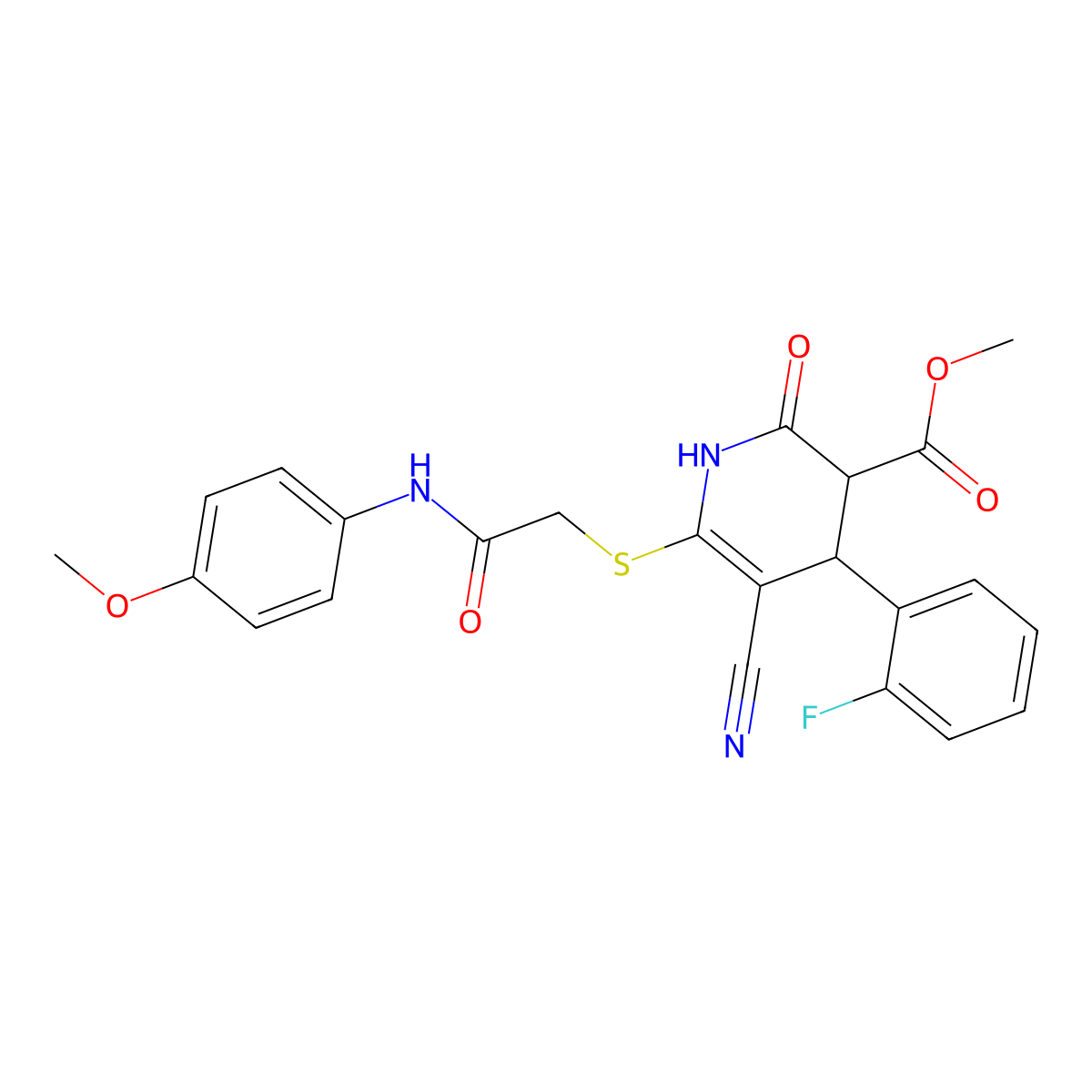 methyl 5-cyano-4-(2-fluorophenyl)-6-[2-(4-methoxyanilino)-2-oxoethyl]sulfanyl-2-oxo-3,4-dihydro-1H-pyridine-3-carboxylate molecular structure, CAS 500144-90-1