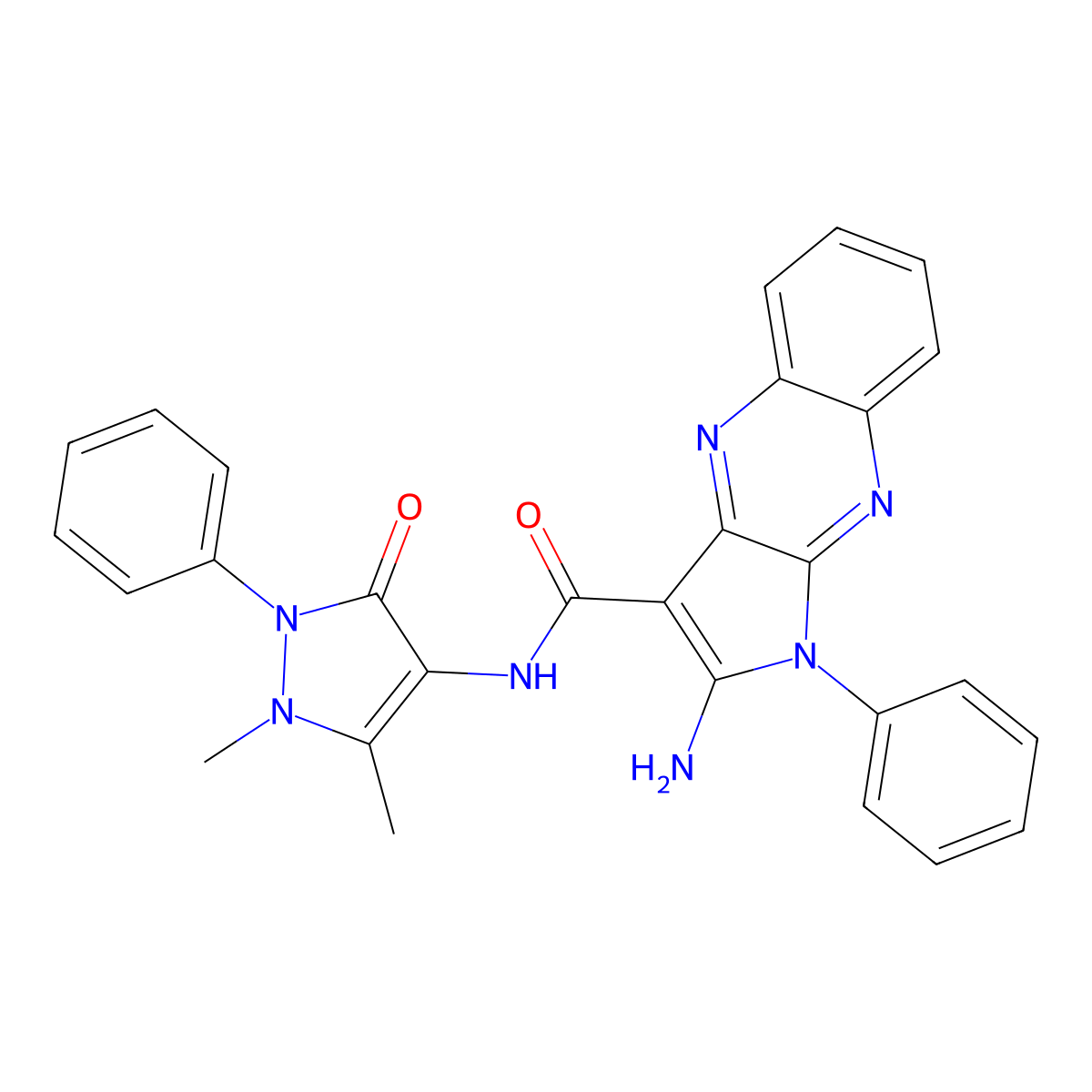 2-amino-N-(1,5-dimethyl-3-oxo-2-phenyl-2,3-dihydro-1H-pyrazol-4-yl)-1-phenyl-1H-pyrrolo[2,3-b]quinoxaline-3-carboxamide molecular structure, CAS 500145-28-8