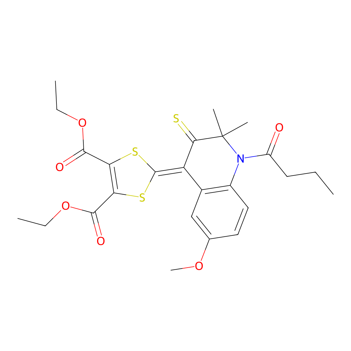 diethyl 2-(1-butanoyl-6-methoxy-2,2-dimethyl-3-thioxo-2,3-dihydroquinolin-4(1H)-ylidene)-1,3-dithiole-4,5-dicarboxylate molecular structure, CAS 500146-02-1