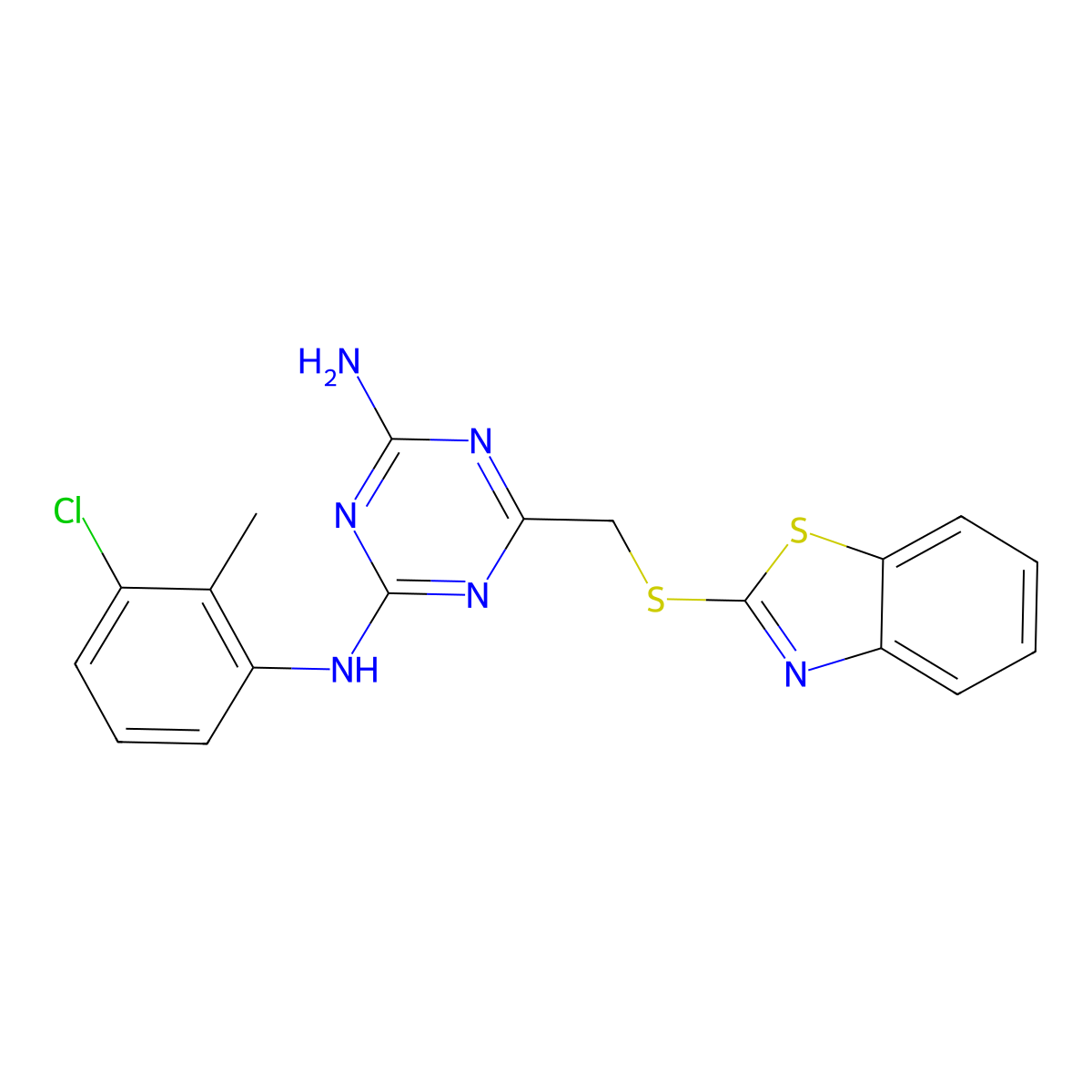6-(Benzothiazol-2-ylsulfanylmethyl)-N-(3-chloro-2-methyl-phenyl)-[1,3,5]triazine-2,4-diamine molecular structure, CAS 500146-67-8