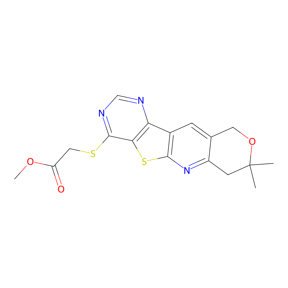 methyl [(8,8-dimethyl-7,10-dihydro-8H-pyrano[3'',4'':5',6']pyrido[3',2':4,5]thieno[3,2-d]pyrimidin-4-yl)sulfanyl]acetate molecular structure, CAS 500146-70-3