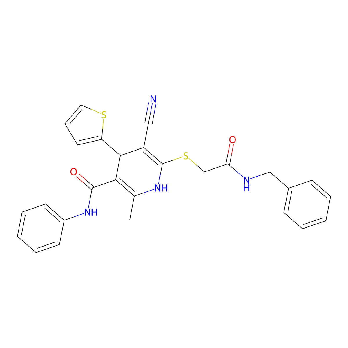 6-[2-(benzylamino)-2-oxoethyl]sulfanyl-5-cyano-2-methyl-N-phenyl-4-thiophen-2-yl-1,4-dihydropyridine-3-carboxamide molecular structure, CAS 500147-14-8