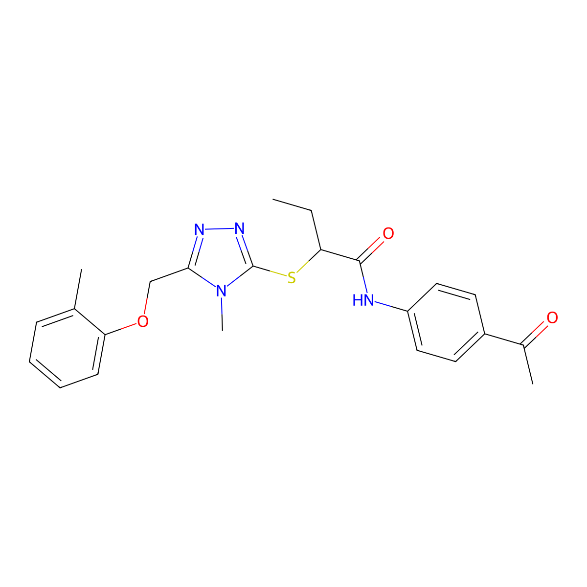 N-(4-acetylphenyl)-2-[[4-methyl-5-[(2-methylphenoxy)methyl]-1,2,4-triazol-3-yl]sulfanyl]butanamide molecular structure, CAS 500147-48-8