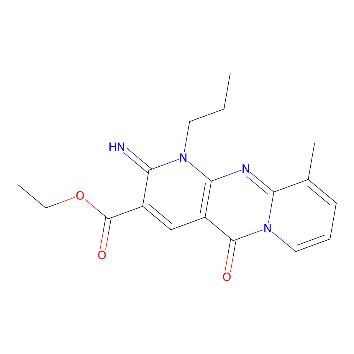 Ethyl 2-imino-10-methyl-5-oxo-1-propyl-1,5-dihydro-2H-dipyrido[1,2-A:2,3-D]pyrimidine-3-carboxylate molecular structure, CAS 500147-68-2
