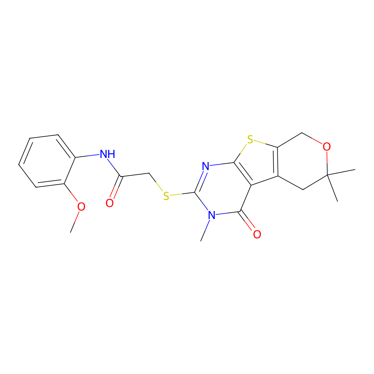 N-(2-methoxyphenyl)-2-[(3,6,6-trimethyl-4-oxo-5,8-dihydropyrano[2,3]thieno[2,4-b]pyrimidin-2-yl)sulfanyl]acetamide molecular structure, CAS 500148-21-0