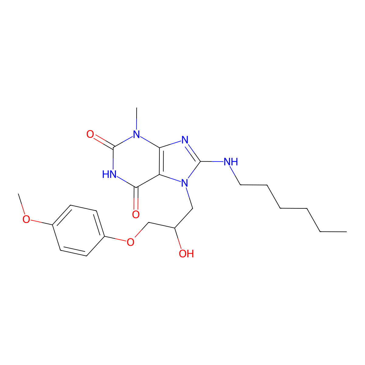 8-(hexylamino)-7-(2-hydroxy-3-(4-methoxyphenoxy)propyl)-3-methyl-1H-purine-2,6(3H,7H)-dione molecular structure, CAS 500149-02-0