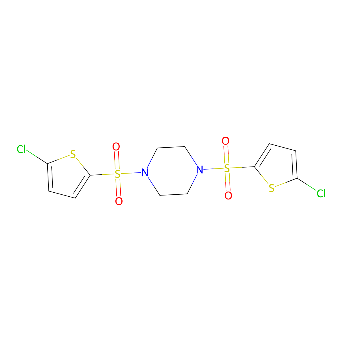 1,4-Bis[(5-chlorothiophen-2-yl)sulfonyl]piperazine molecular structure, CAS 500149-15-5