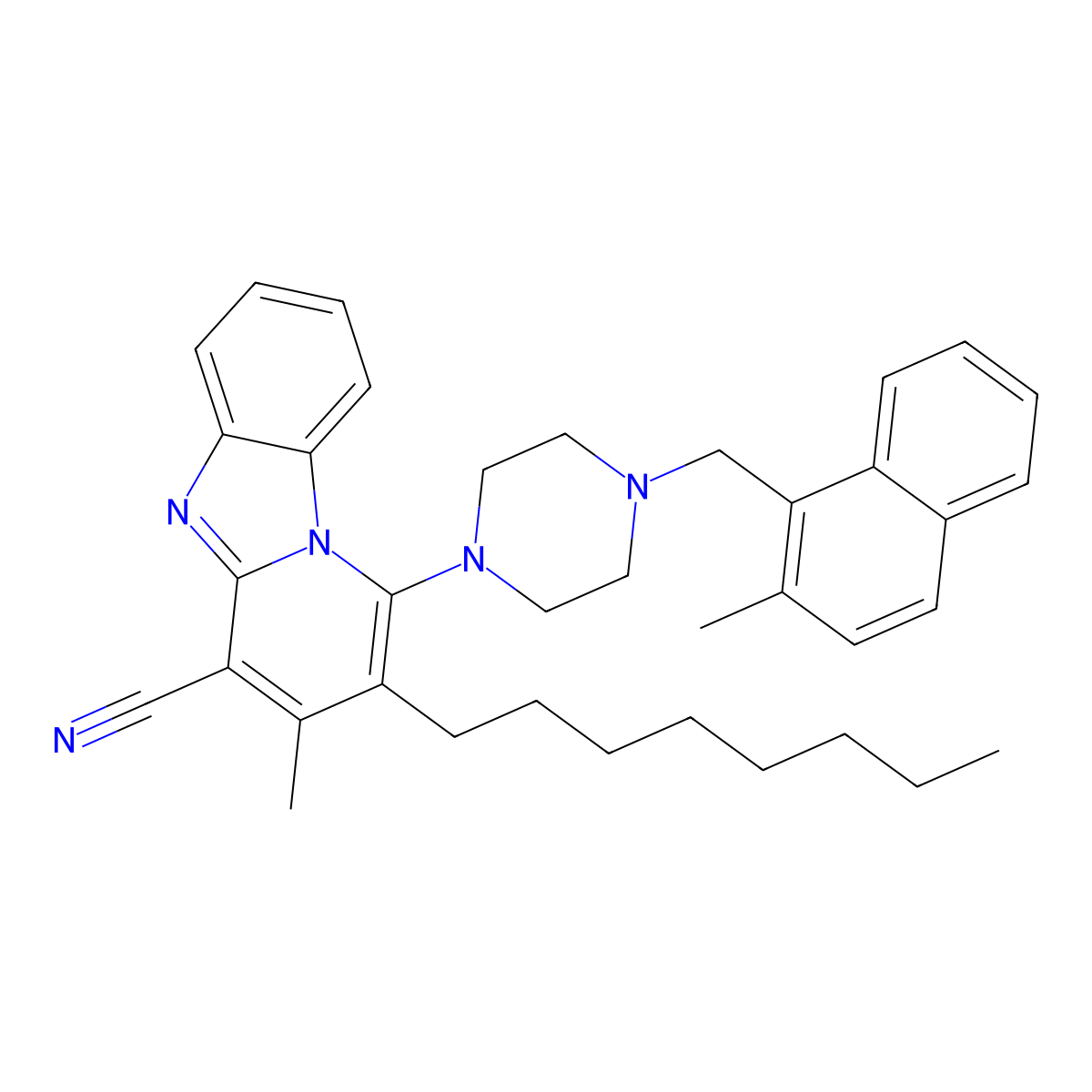 3-Methyl-1-[4-[(2-methylnaphthalen-1-yl)methyl]piperazin-1-yl]-2-octylpyrido[1,2-a]benzimidazole-4-carbonitrile molecular structure, CAS 500149-25-7