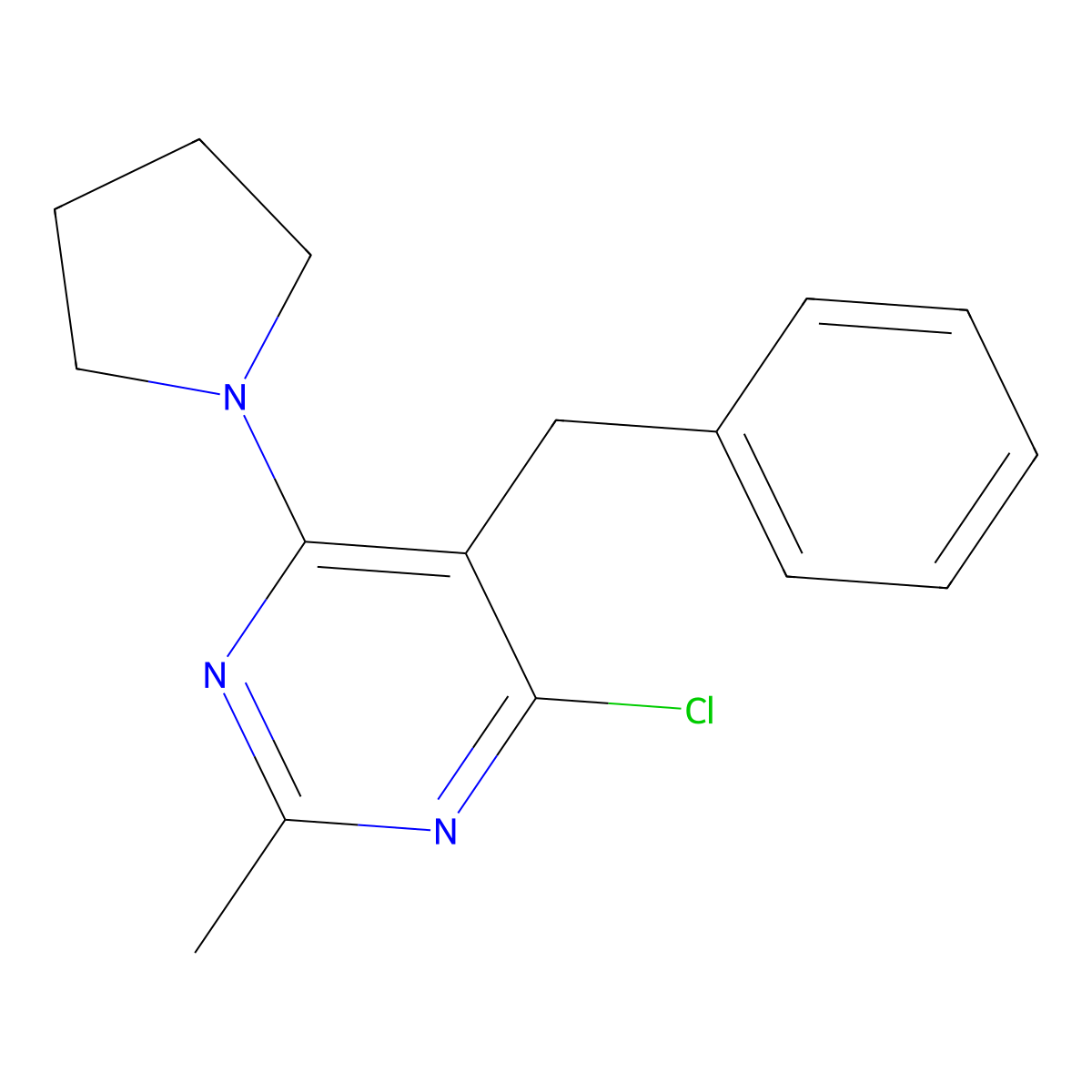 5-Benzyl-4-chloro-2-methyl-6-pyrrolidin-1-yl-pyrimidine molecular structure, CAS 500156-13-8