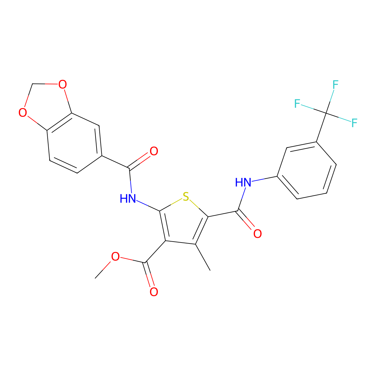 Methyl 2-(benzo[d][1,3]dioxole-5-carboxamido)-4-methyl-5-((3-(trifluoromethyl)phenyl)carbamoyl)thiophene-3-carboxylate molecular structure, CAS 500188-21-6