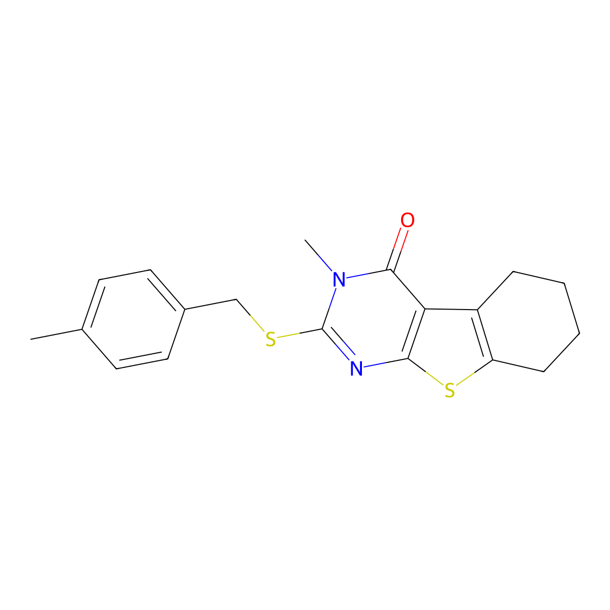 3-methyl-2-[(4-methylbenzyl)sulfanyl]-5,6,7,8-tetrahydro[1]benzothieno[2,3-d]pyrimidin-4(3H)-one molecular structure, CAS 500188-73-8