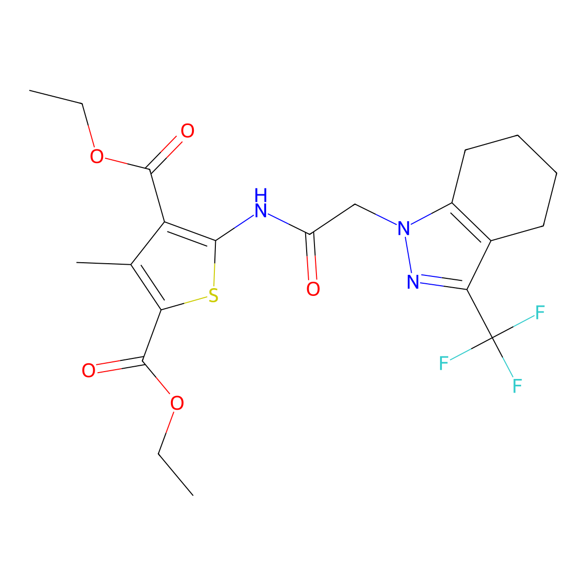 Diethyl 3-methyl-5-[[2-[3-(trifluoromethyl)-4,5,6,7-tetrahydroindazol-1-yl]acetyl]amino]thiophene-2,4-dicarboxylate molecular structure, CAS 500189-49-1