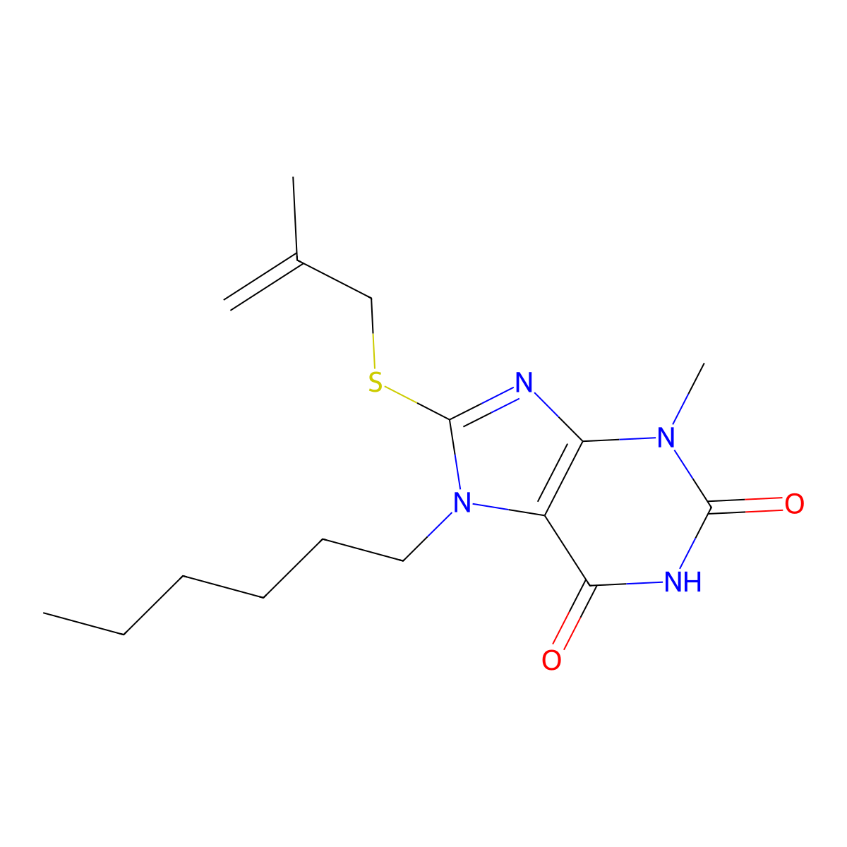 7-hexyl-3-methyl-8-((2-methylallyl)thio)-1H-purine-2,6(3H,7H)-dione molecular structure, CAS 500194-43-4