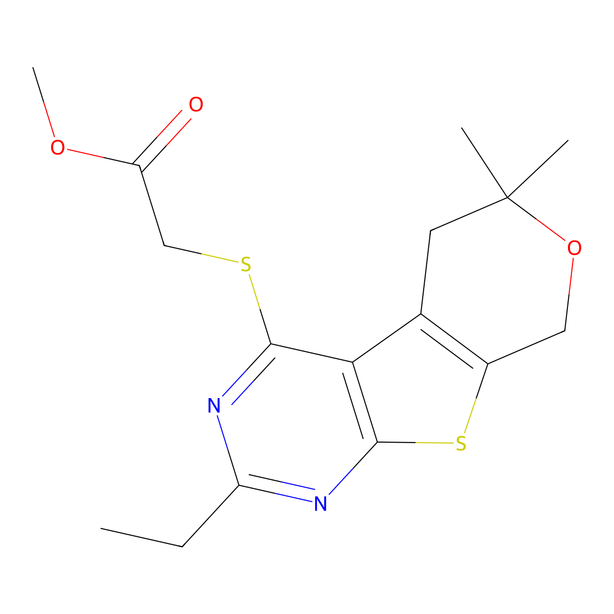 methyl [(2-ethyl-6,6-dimethyl-5,8-dihydro-6H-pyrano[4',3':4,5]thieno[2,3-d]pyrimidin-4-yl)sulfanyl]acetate molecular structure, CAS 500194-47-8