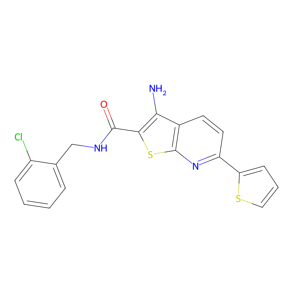 3-amino-N-[(2-chlorophenyl)methyl]-6-thiophen-2-ylthieno[2,3-b]pyridine-2-carboxamide molecular structure, CAS 500195-44-8