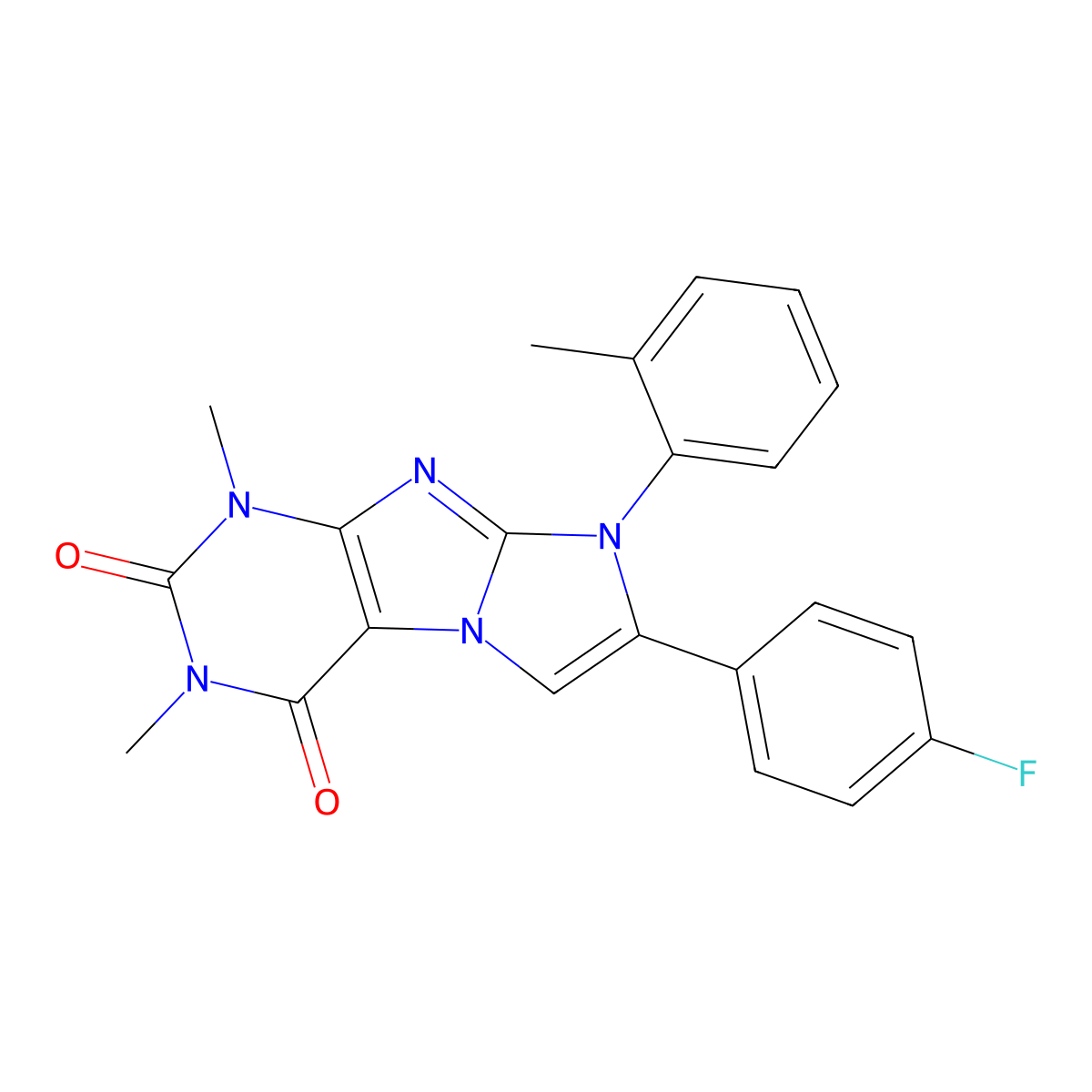 7-(4-fluorophenyl)-1,3-dimethyl-8-(o-tolyl)-1H-imidazo[2,1-f]purine-2,4(3H,8H)-dione molecular structure, CAS 500195-92-6