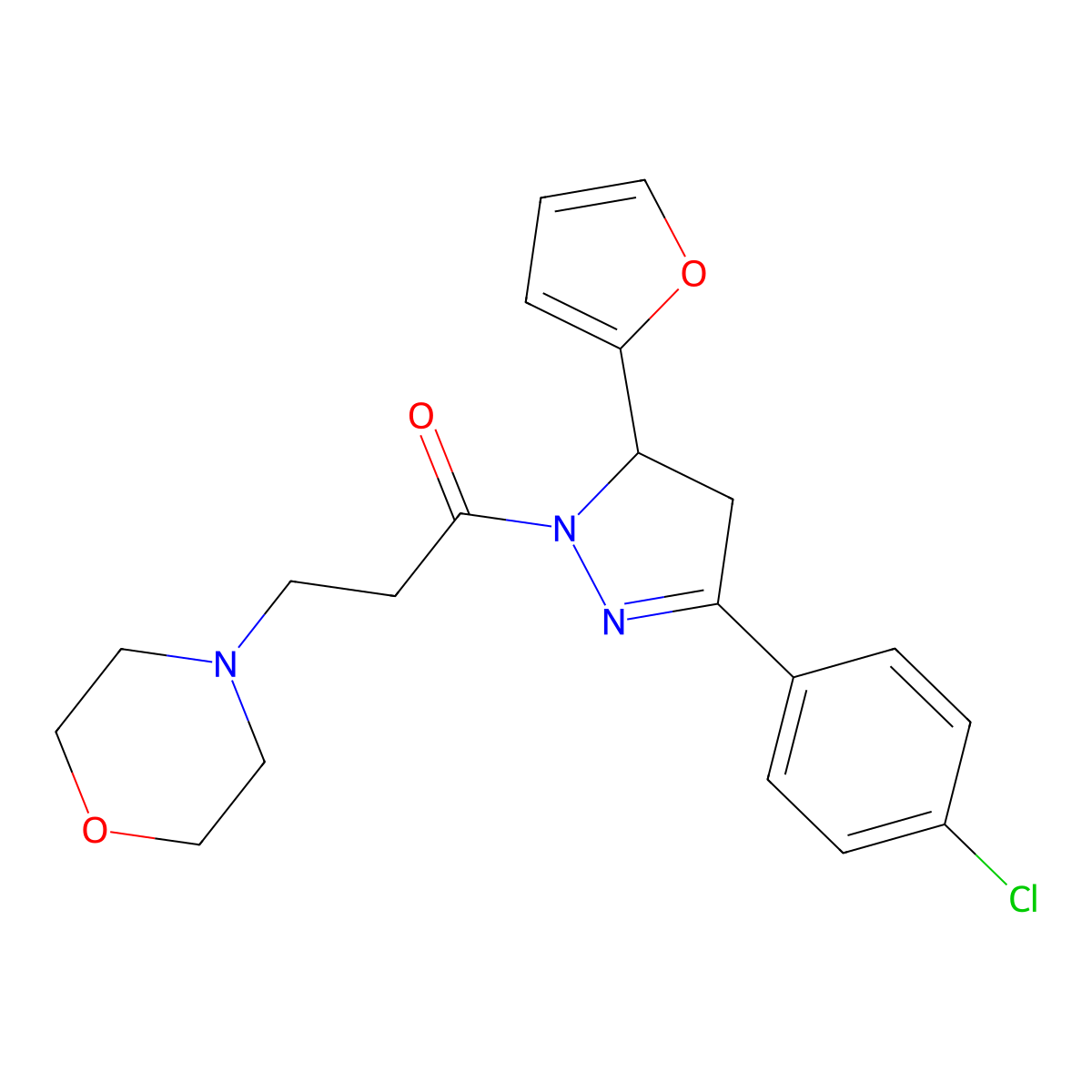 1-(3-(4-chlorophenyl)-5-(furan-2-yl)-4,5-dihydro-1H-pyrazol-1-yl)-3-morpholinopropan-1-one molecular structure, CAS 500195-98-2