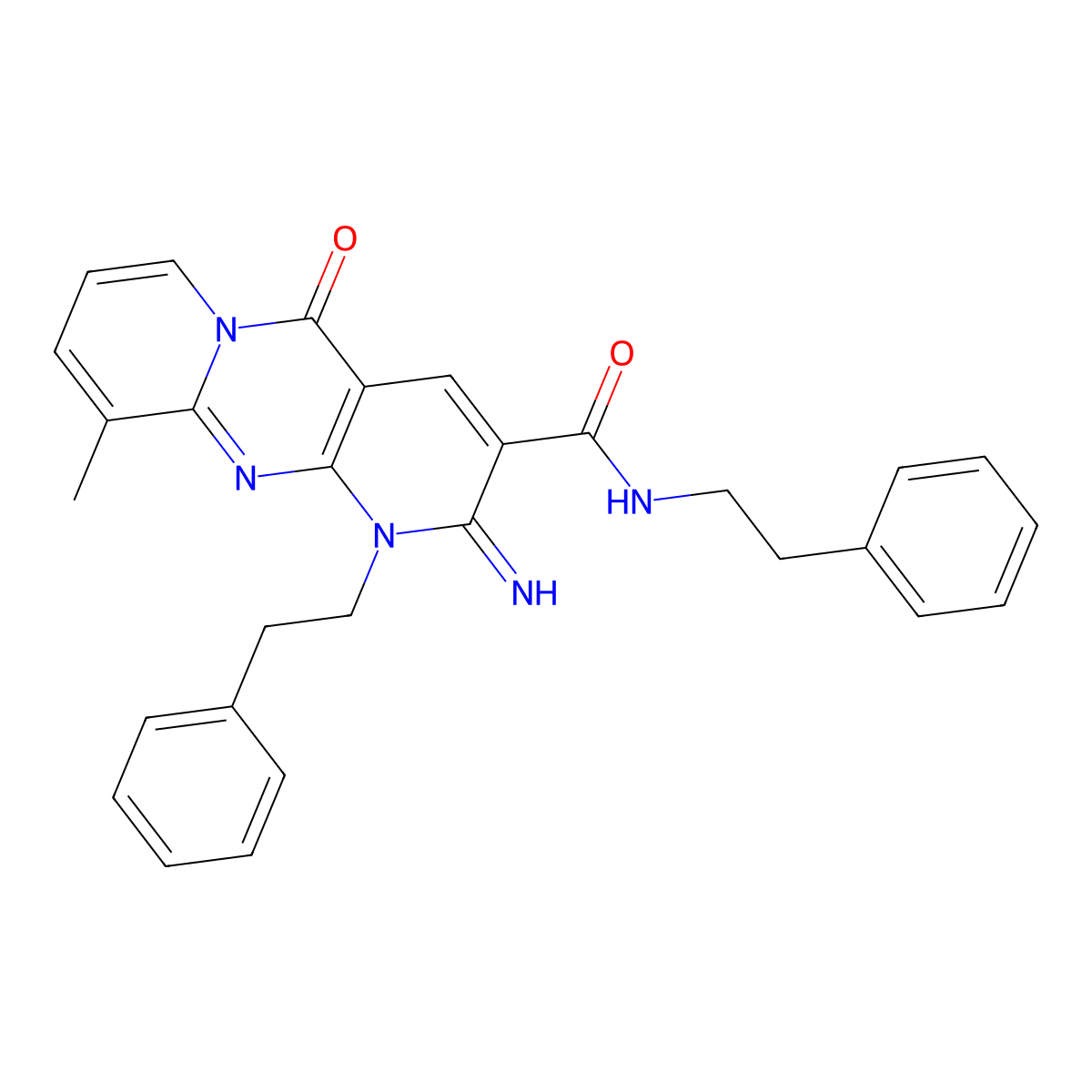 2-imino-10-methyl-5-oxo-N,1-bis(2-phenylethyl)-1,5-dihydro-2H-dipyrido[1,2-a:2',3'-d]pyrimidine-3-carboxamide molecular structure, CAS 500197-02-4