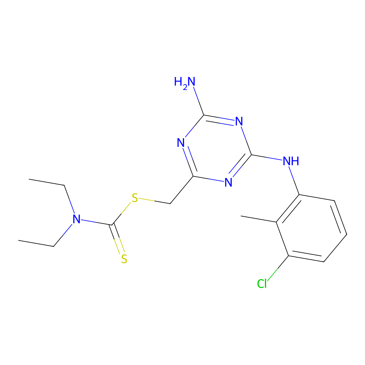 {4-Amino-6-[(3-chloro-2-methylphenyl)amino]-1,3,5-triazin-2-yl}methyl diethylcarbamodithioate molecular structure, CAS 500197-05-7