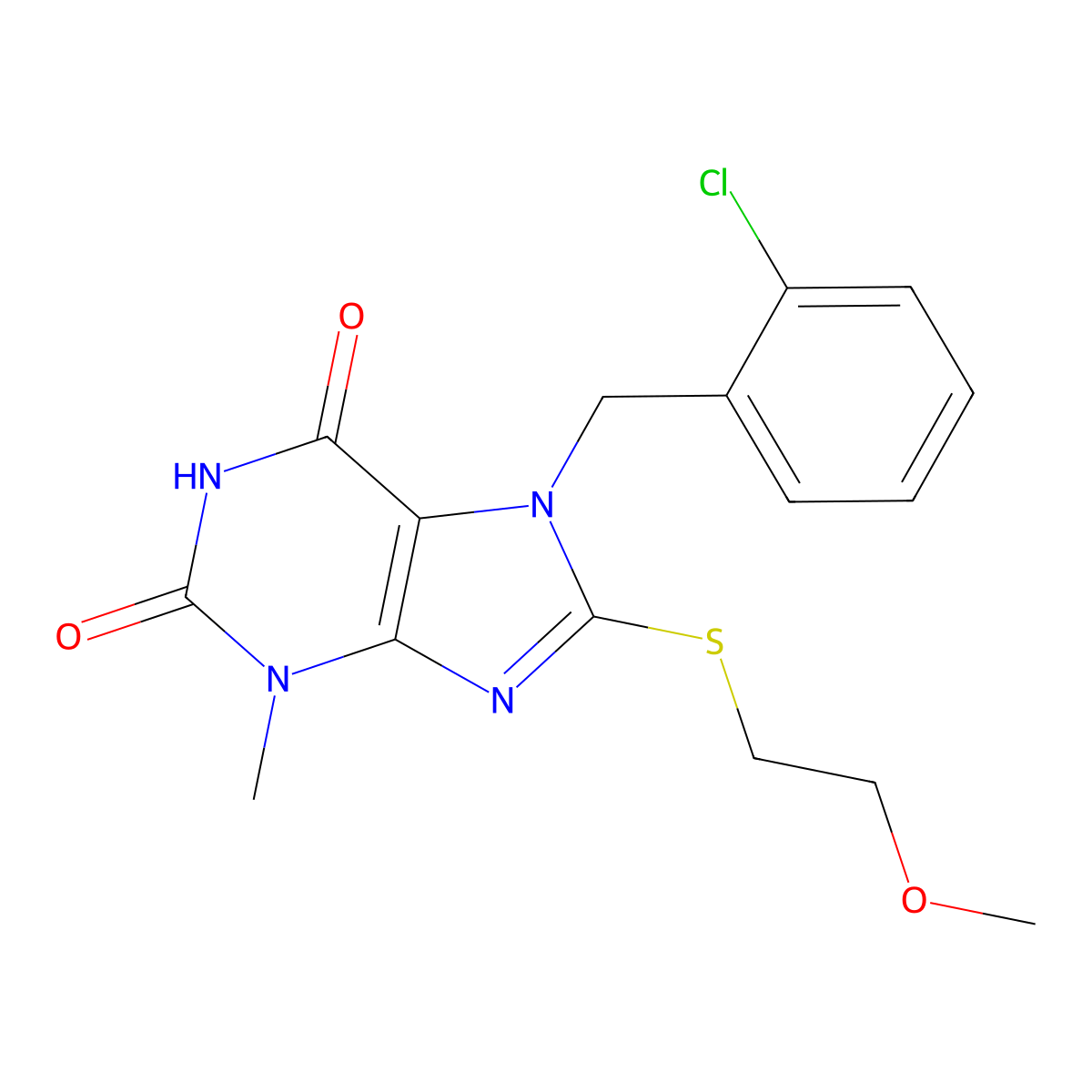 7-(2-chlorobenzyl)-8-((2-methoxyethyl)thio)-3-methyl-1H-purine-2,6(3H,7H)-dione molecular structure, CAS 500197-11-5