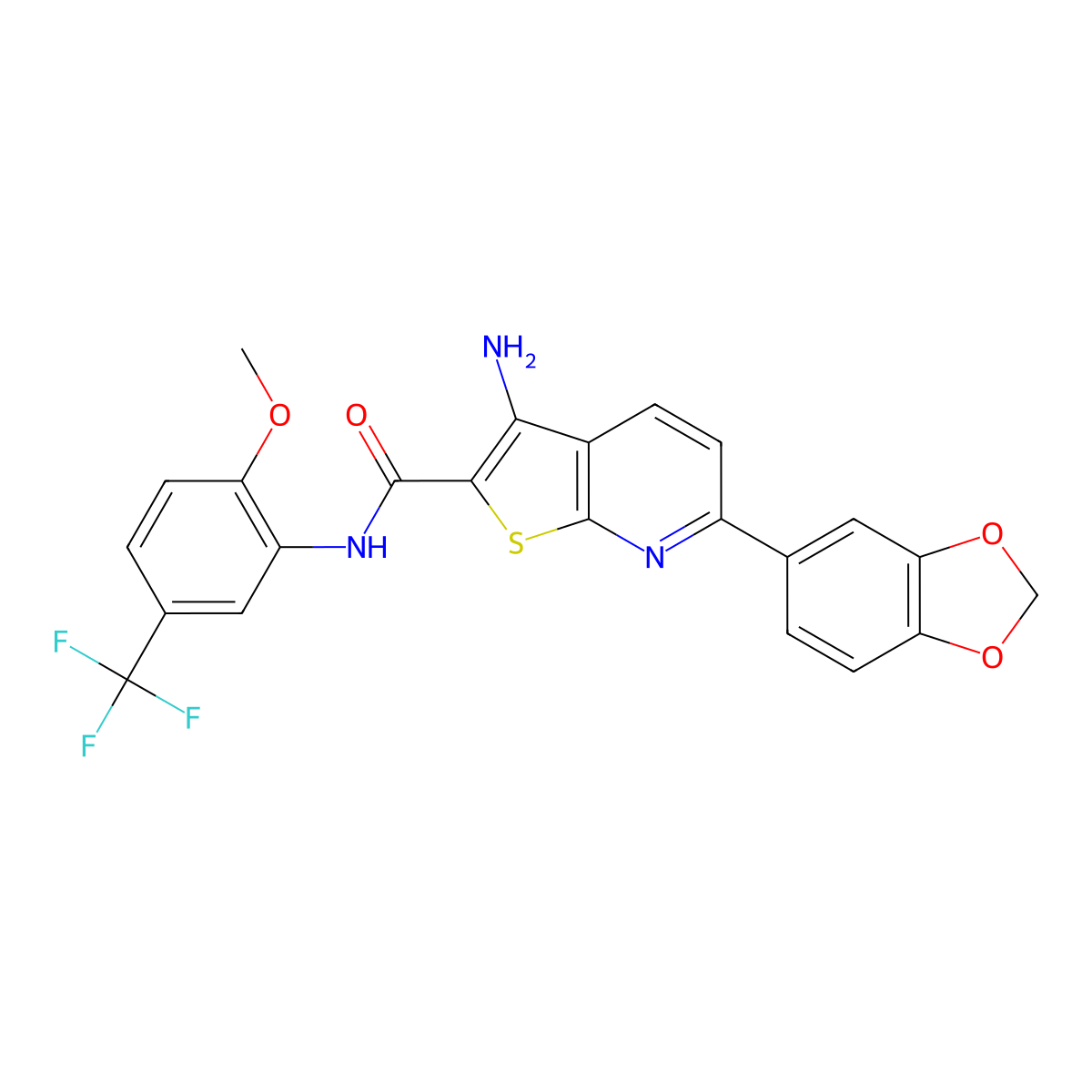 3-amino-6-(1,3-benzodioxol-5-yl)-N-[2-methoxy-5-(trifluoromethyl)phenyl]thieno[2,3-b]pyridine-2-carboxamide molecular structure, CAS 500197-40-0