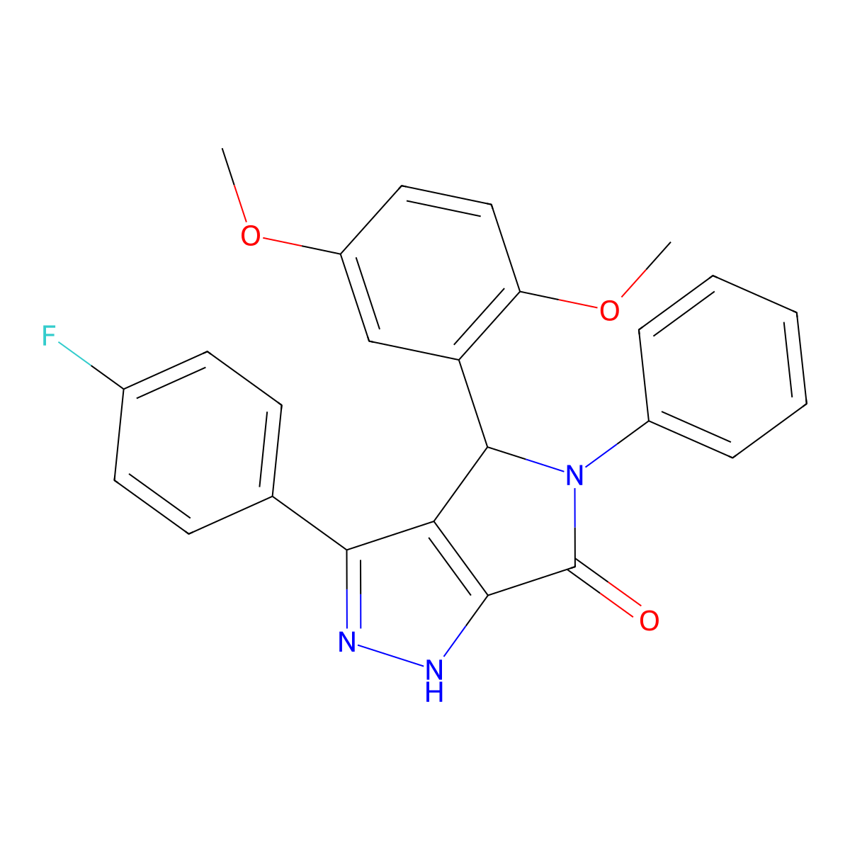 4-(2,5-dimethoxyphenyl)-3-(4-fluorophenyl)-5-phenyl-4,5-dihydropyrrolo[3,4-c]pyrazol-6(1H)-one molecular structure, CAS 500197-97-7