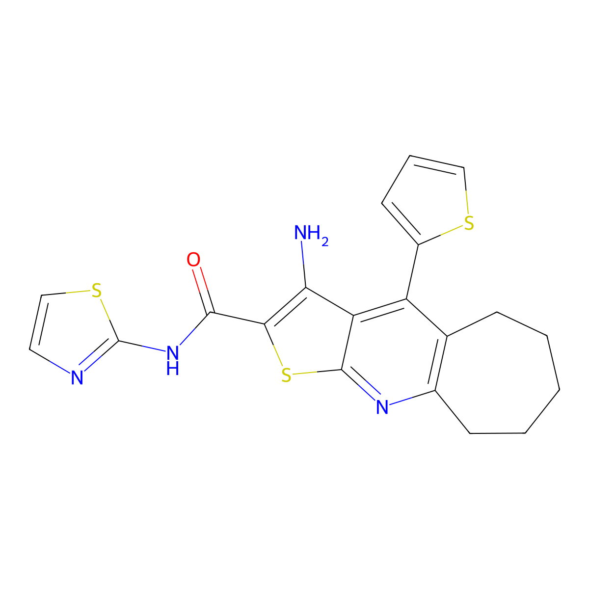 3-amino-N-(thiazol-2-yl)-4-(thiophen-2-yl)-6,7,8,9-tetrahydro-5H-cyclohepta[b]thieno[3,2-e]pyridine-2-carboxamide molecular structure, CAS 500198-76-5