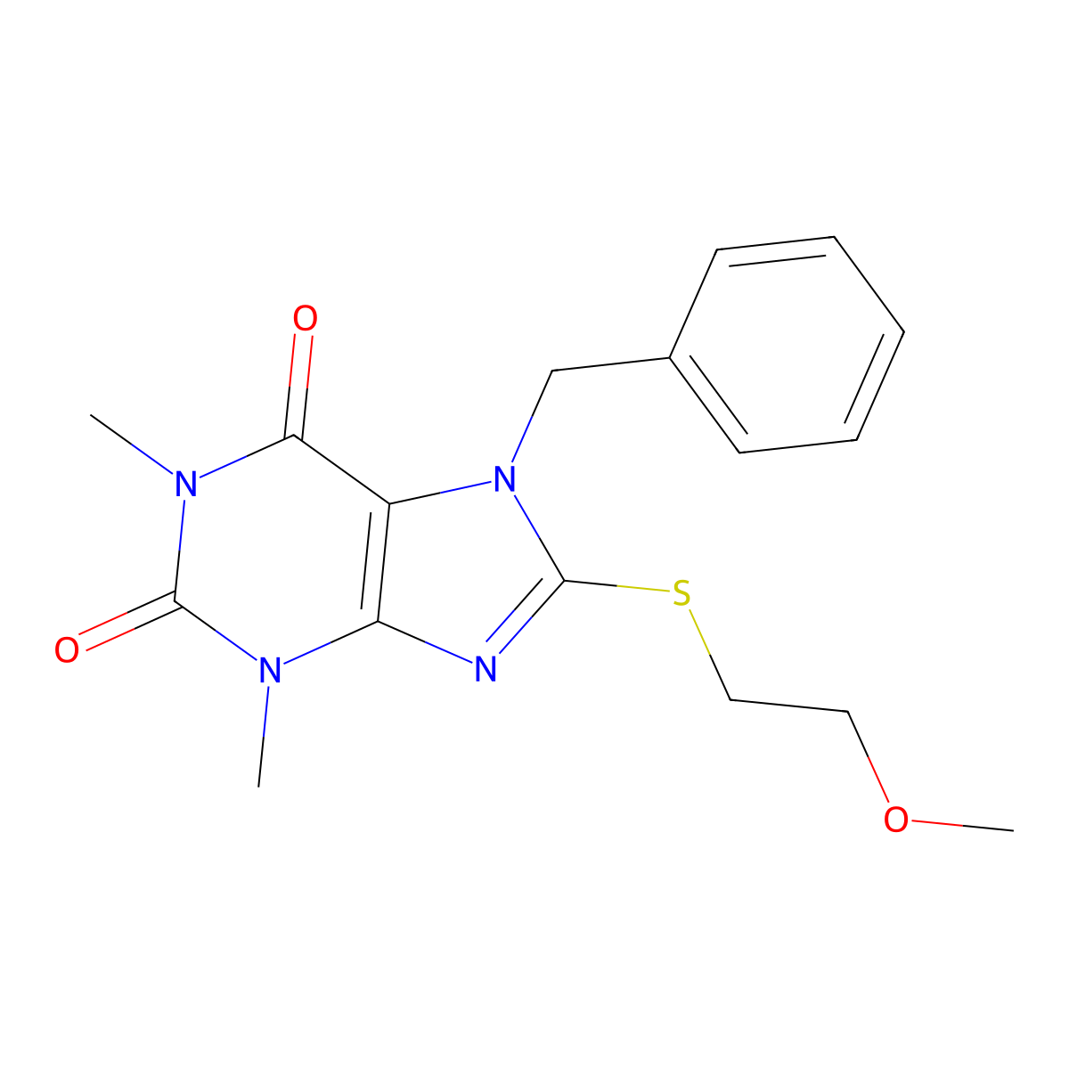 7-benzyl-8-((2-methoxyethyl)thio)-1,3-dimethyl-1H-purine-2,6(3H,7H)-dione molecular structure, CAS 500198-79-8