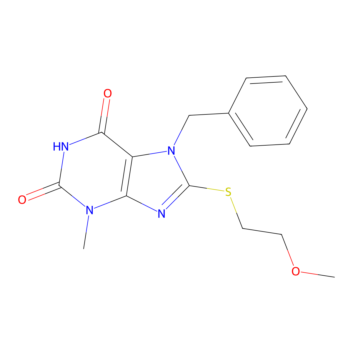 7-benzyl-8-((2-methoxyethyl)thio)-3-methyl-1H-purine-2,6(3H,7H)-dione molecular structure, CAS 500198-82-3