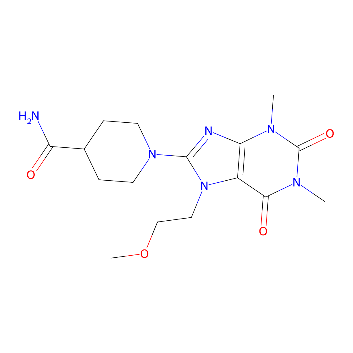 1-(7-(2-methoxyethyl)-1,3-dimethyl-2,6-dioxo-2,3,6,7-tetrahydro-1H-purin-8-yl)piperidine-4-carboxamide molecular structure, CAS 500198-83-4