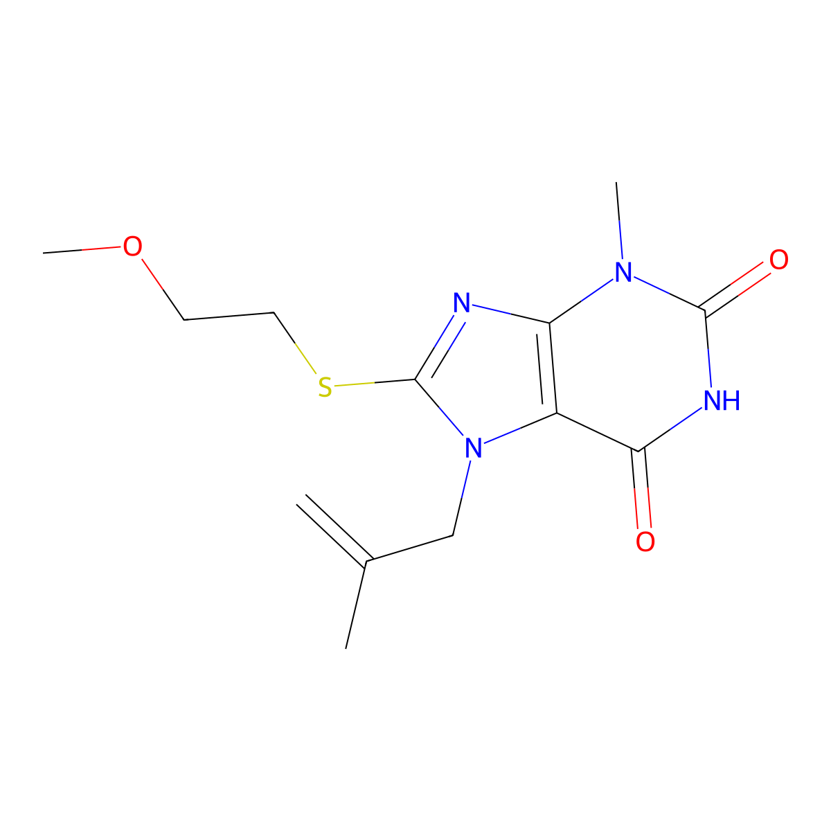 8-((2-methoxyethyl)thio)-3-methyl-7-(2-methylallyl)-1H-purine-2,6(3H,7H)-dione molecular structure, CAS 500198-85-6