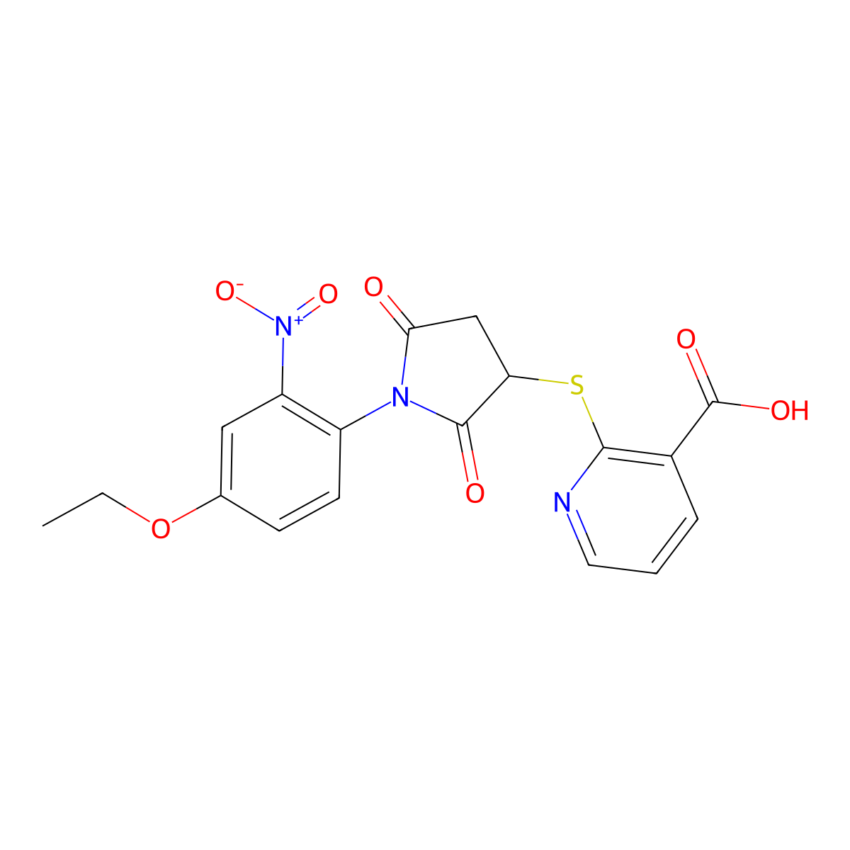 2-((1-(4-Ethoxy-2-nitrophenyl)-2,5-dioxopyrrolidin-3-yl)thio)nicotinic acid molecular structure, CAS 500201-80-9