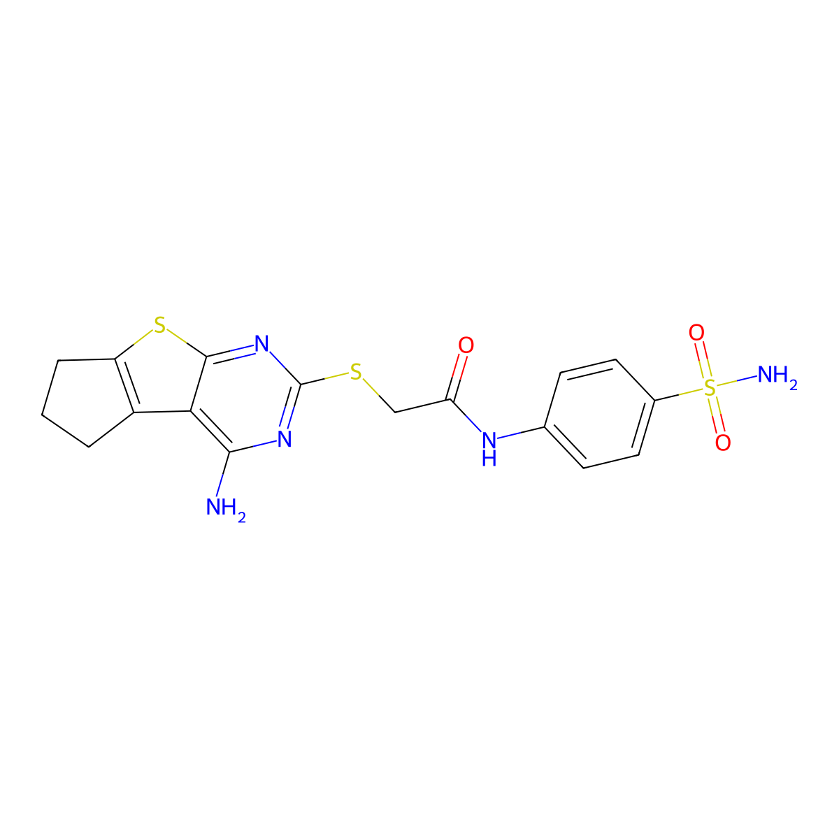 2-((4-amino-6,7-dihydro-5H-cyclopenta[4,5]thieno[2,3-d]pyrimidin-2-yl)thio)-N-(4-sulfamoylphenyl)acetamide molecular structure, CAS 500202-78-8
