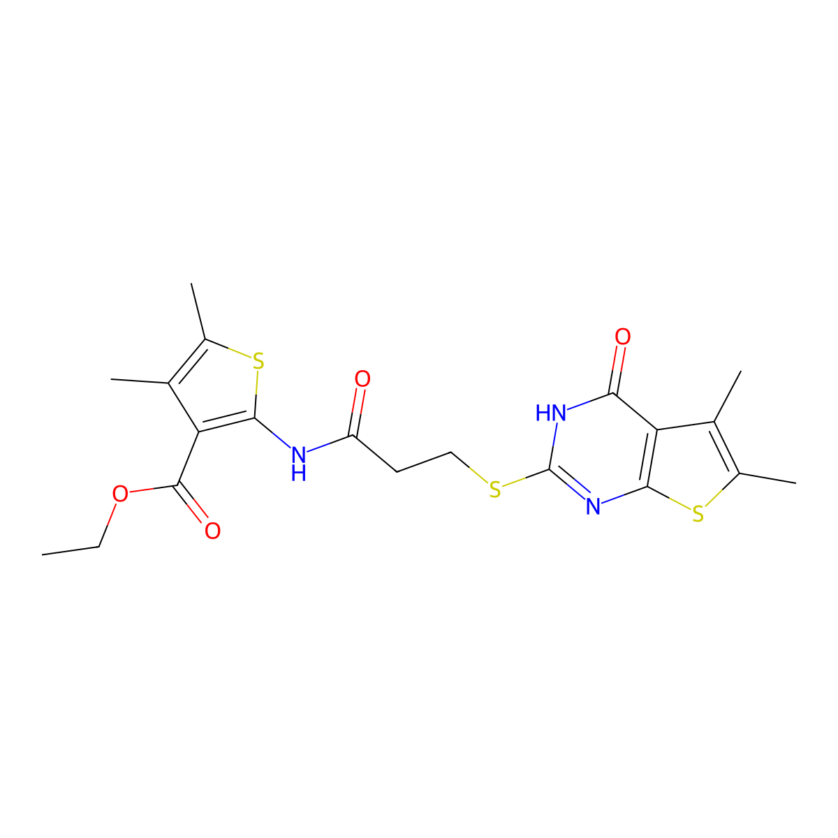Ethyl 2-({3-[(4-hydroxy-5,6-dimethylthieno[2,3-d]pyrimidin-2-yl)sulfanyl]propanoyl}amino)-4,5-dimethylthiophene-3-carboxylate molecular structure, CAS 500202-79-9