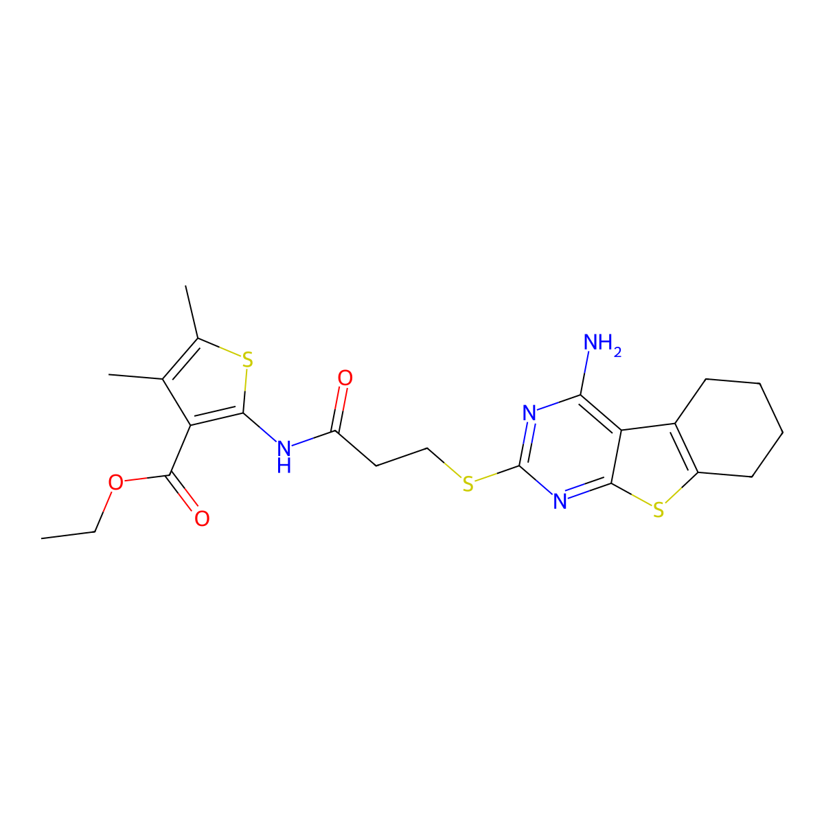 Ethyl 2-({3-[(4-amino-5,6,7,8-tetrahydro[1]benzothieno[2,3-d]pyrimidin-2-yl)sulfanyl]propanoyl}amino)-4,5-dimethylthiophene-3-carboxylate molecular structure, CAS 500202-81-3