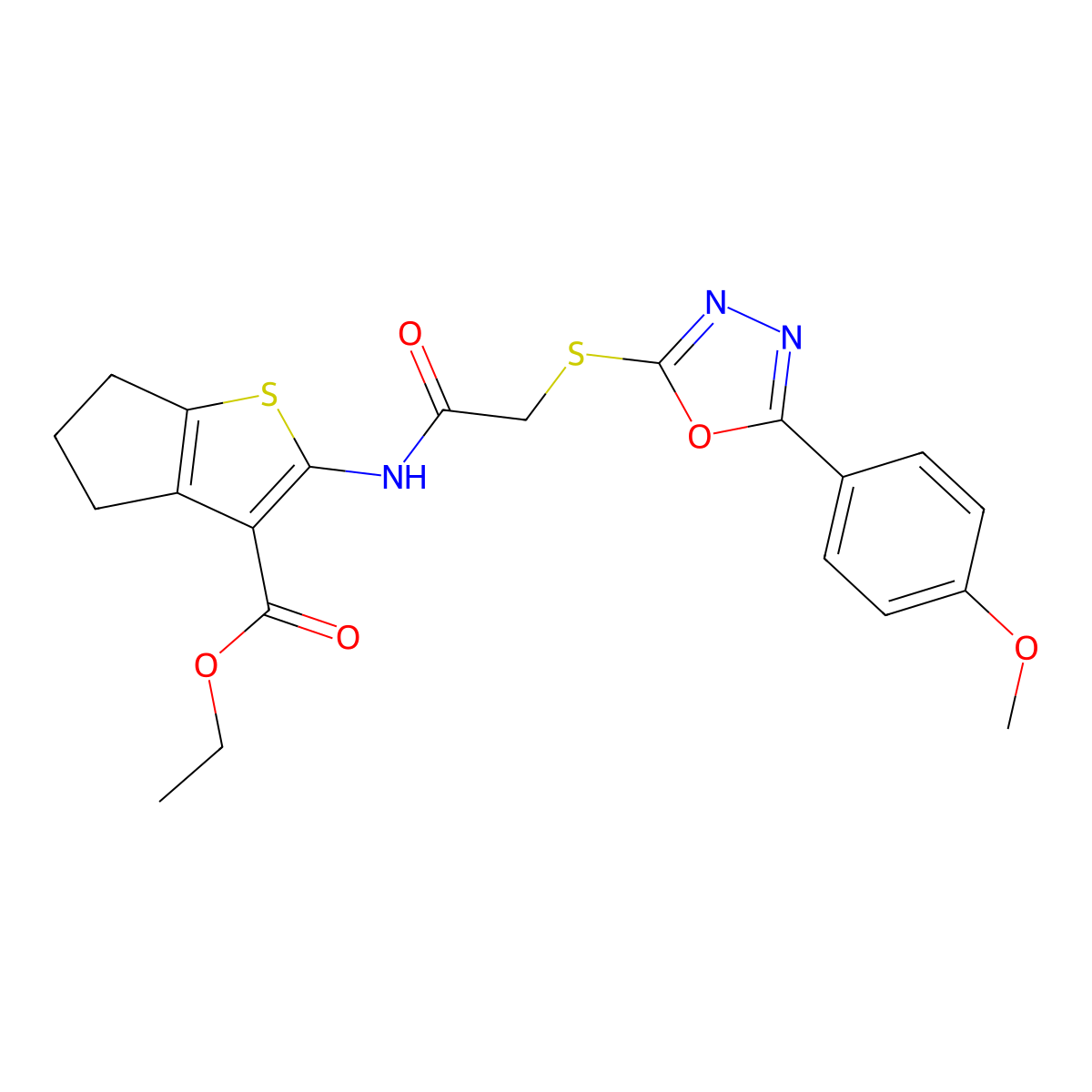 ethyl 2-(2-((5-(4-methoxyphenyl)-1,3,4-oxadiazol-2-yl)thio)acetamido)-5,6-dihydro-4H-cyclopenta[b]thiophene-3-carboxylate molecular structure, CAS 500202-82-4