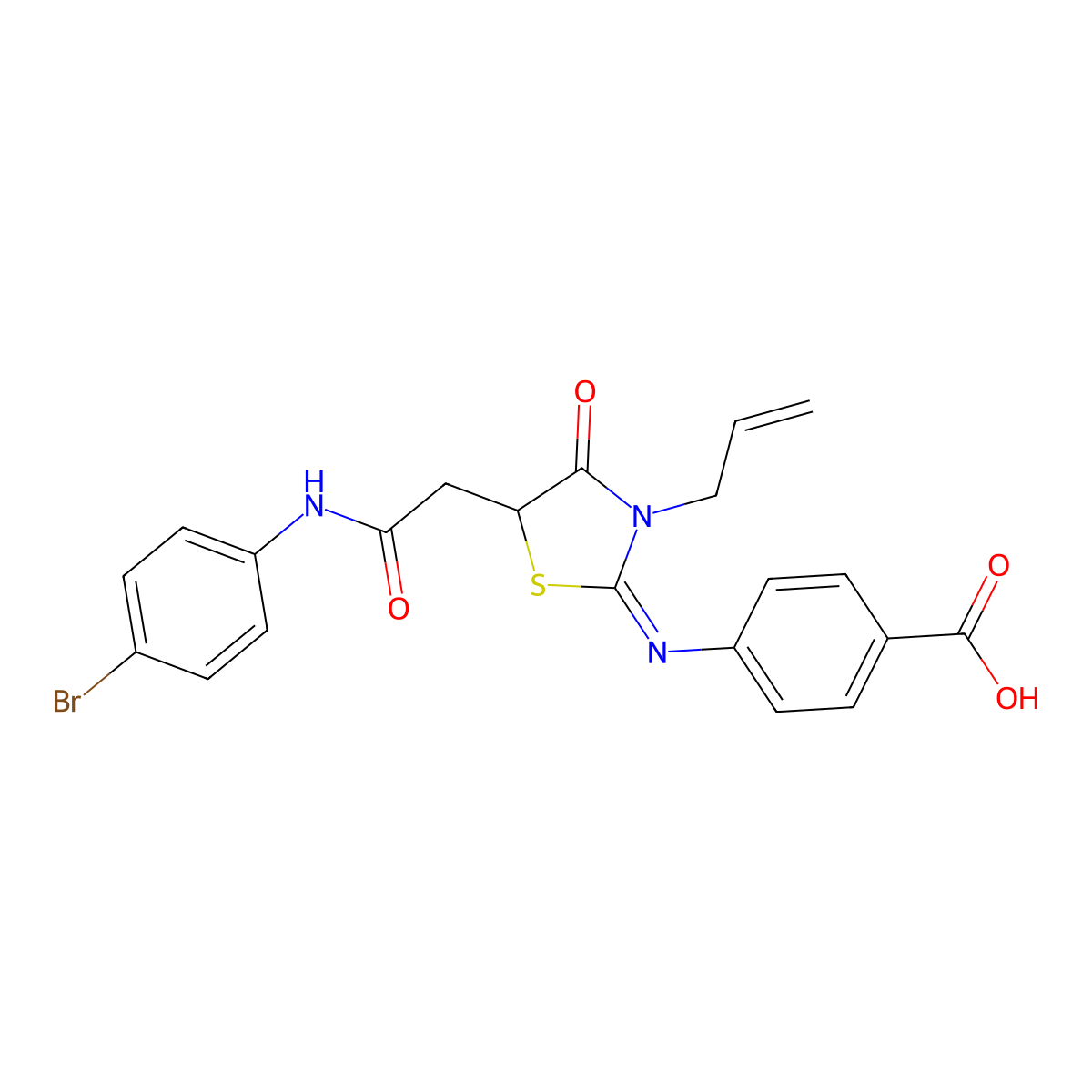 (E)-4-((3-allyl-5-(2-((4-bromophenyl)amino)-2-oxoethyl)-4-oxothiazolidin-2-ylidene)amino)benzoic acid molecular structure, CAS 500203-16-7