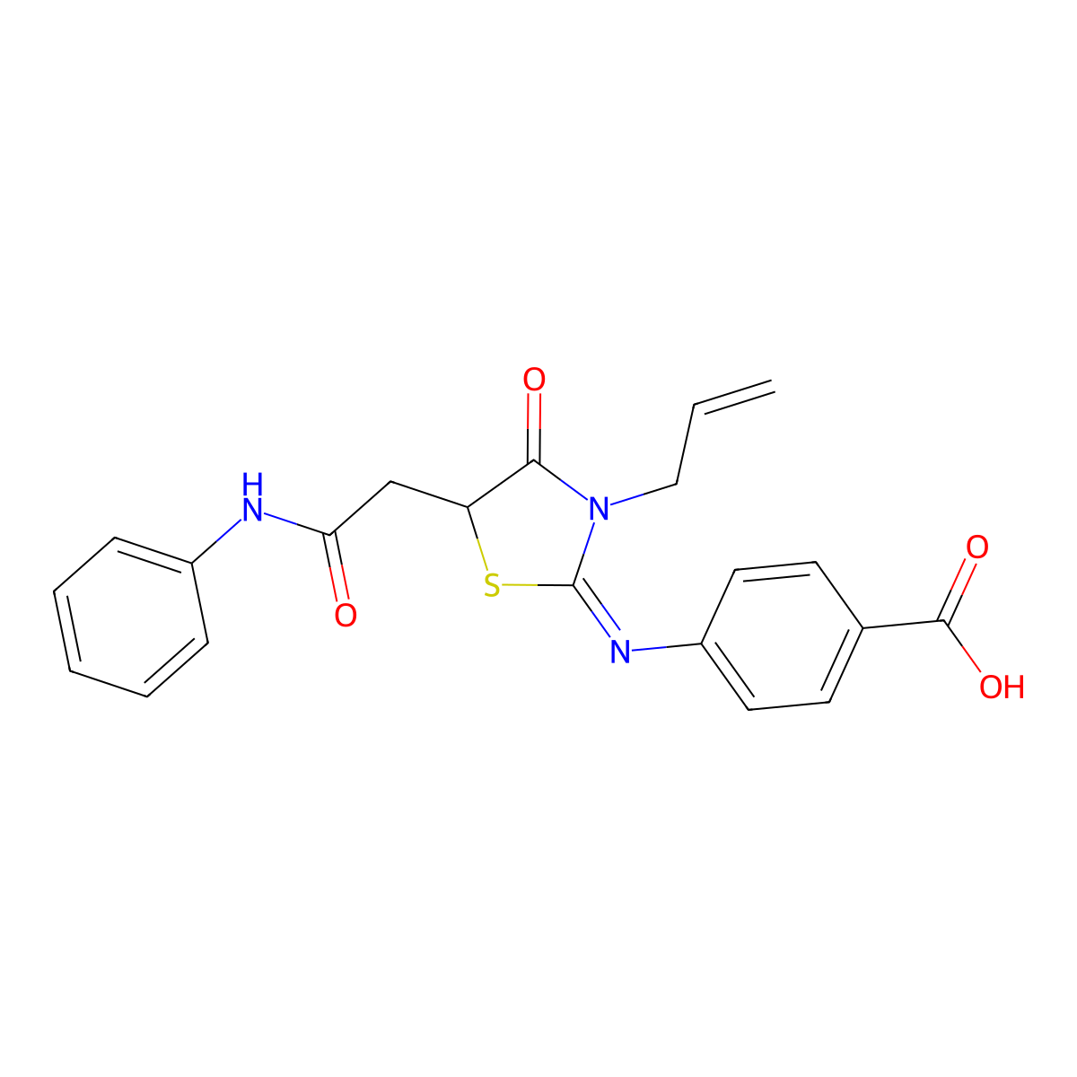 (E)-4-((3-allyl-4-oxo-5-(2-oxo-2-(phenylamino)ethyl)thiazolidin-2-ylidene)amino)benzoic acid molecular structure, CAS 500203-18-9